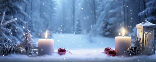 AI generated Winter Forest Landscape With Burning Candles Christmas Decoration. AI Generated photo