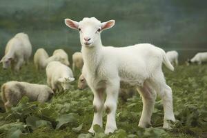 ai generado blanco Cordero en un campo en frente de otro animales generativo ai foto