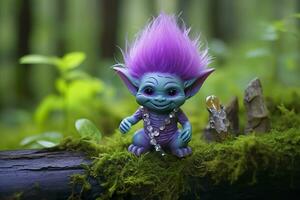 AI generated Tale troll with crystals in the forest, natural green background. Generative AI photo