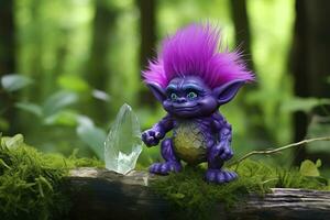 AI generated Tale troll with crystals in the forest, natural green background. Generative AI photo