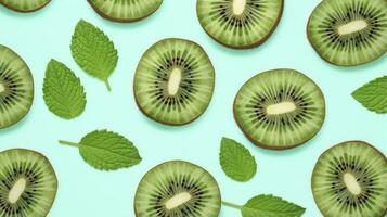 AI generated Slices of kiwi fruit and green mint leaves on a light pastel blue background. AI Generated photo