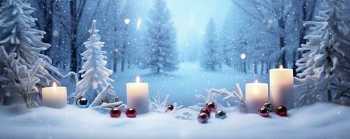 AI generated Winter Forest Landscape With Burning Candles Christmas Decoration. AI Generated photo