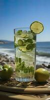 AI generated Stunning photo of cocktail mojito, a sunny summer beach in the background. Generative AI