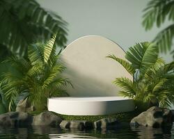 AI generated Stone product display podium for cosmetic product with green nature garden background. Generative AI photo