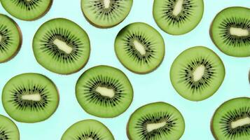 AI generated Slices of kiwi fruit and green mint leaves on a light pastel blue background. AI Generated photo