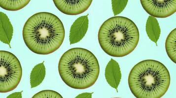 AI generated Slices of kiwi fruit and green mint leaves on a light pastel blue background. AI Generated photo