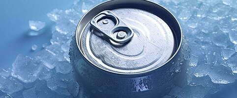 AI generated Top of drink tin can iced submerged in frost ice, metal aluminum beverage. Generative AI photo