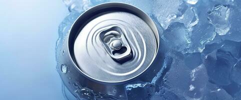 AI generated Top of drink tin can iced submerged in frost ice, metal aluminum beverage. Generative AI photo