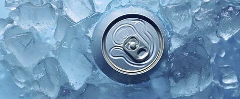 AI generated Top of drink tin can iced submerged in frost ice, metal aluminum beverage. Generative AI photo