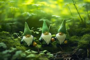 AI generated Toy Irish gnomes in a mystery forest, abstract green natural background. Generative AI photo