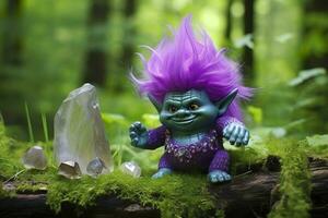 AI generated Tale troll with crystals in the forest, natural green background. Generative AI photo