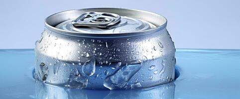 AI generated Top of drink tin can iced submerged in frost ice, metal aluminum beverage. Generative AI photo