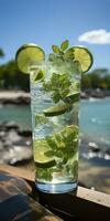 AI generated Stunning photo of cocktail mojito, a sunny summer beach in the background. Generative AI