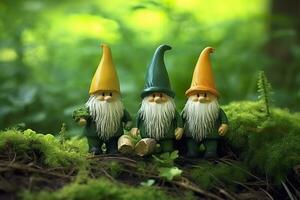 AI generated Toy Irish gnomes in a mystery forest, abstract green natural background. Generative AI photo