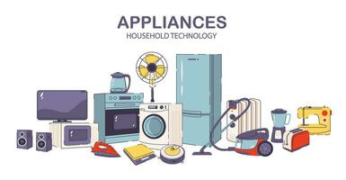 Household and kitchen appliances set. Banner with electrical devices. Flat vector illustration