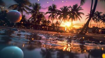 AI generated Beach with waves and coconut trees at sunset. Generative AI photo