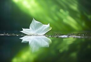 AI generated White transparent leaf on mirror surface with reflection on green background macro. Generative AI photo