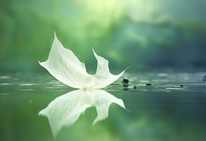 AI generated White transparent leaf on mirror surface with reflection on green background macro. Generative AI photo