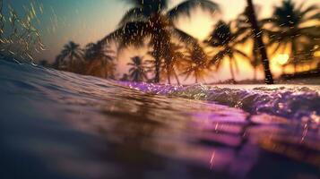 AI generated Beach with waves and coconut trees at sunset. Generative AI photo