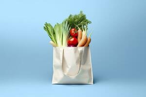 AI generated Grocery full bag. white shopping bag with vegetables in light blue background. Generative AI photo