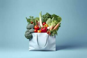 AI generated Grocery full bag. white shopping bag with vegetables in light blue background. Generative AI photo