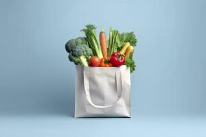AI generated Grocery full bag. white shopping bag with vegetables in light blue background. Generative AI photo