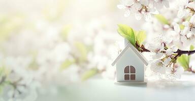 AI generated Toy house and cherry flowers, spring abstract natural background. Generative AI photo