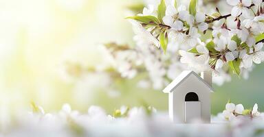 AI generated Toy house and cherry flowers, spring abstract natural background. Generative AI photo