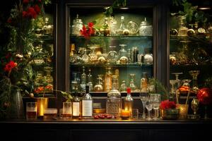 AI generated Christmas cocktail bar, gourmet holiday drinks, adorned with fresh herbs, edible flowers photo