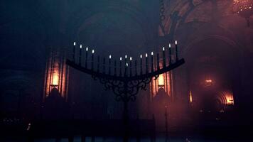 A grand chandelier illuminating a temple in the darkness video