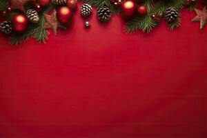 AI generated Christmas or New Year red background with fir decor. AI Generated photo