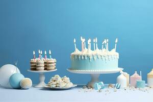 AI generated Birthday cake with candles and sweets on white table near blue wall. Generative AI photo