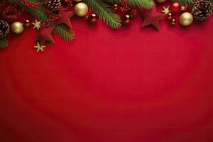 AI generated Christmas or New Year red background with fir decor. AI Generated photo