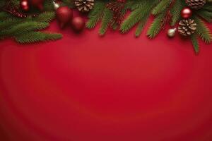 AI generated Christmas or New Year red background with fir decor. AI Generated photo