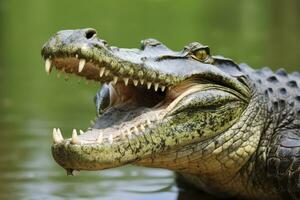 AI generated Crocodile with its mouth wide open with a green lake in the green background. AI Generated photo