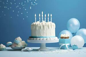 AI generated Birthday cake with candles and sweets on white table near blue wall. Generative AI photo