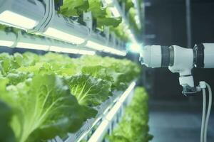 ai generado automático agrícola tecnología con de cerca ver de robótico brazo cosecha lechuga en vertical hidropónico planta. ai generado foto