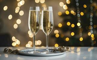AI generated Glasses with champagne on the background of Christmas decorations. AI Generated photo