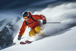 AI generated Skier Skiing On Mountain Slope. AI Generated photo