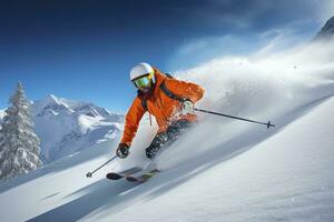 AI generated Skier Skiing On Mountain Slope. AI Generated photo