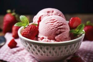 AI generated Strawberry Ice Cream with Fresh Strawberries. AI Generated photo