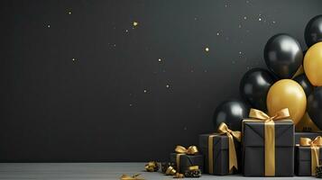 AI generated Black Friday sale banner with ballon and gift box space for text. AI Generated photo