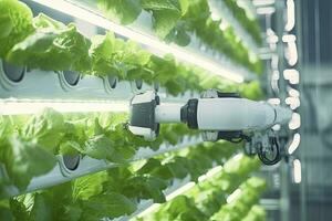 ai generado automático agrícola tecnología con de cerca ver de robótico brazo cosecha lechuga en vertical hidropónico planta. ai generado foto