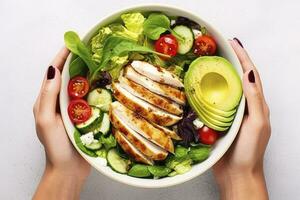 AI generated Grilled chicken meat and fresh vegetable salad of tomato, avocado, lettuce, and spinach. AI Generated photo