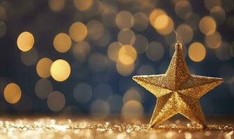 AI generated Sparkling Golden Christmas Star. Ornament Decoration Defocused Bokeh Background. AI Generated photo