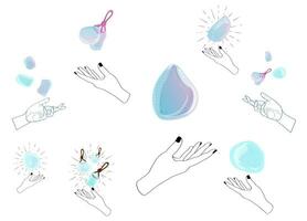 Set of Medicinal Quartz Crystals in a Outline Hand at White Background vector