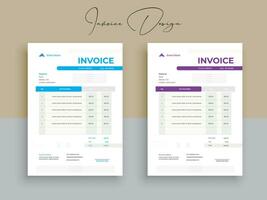 2 color variación factura diseño. negocio factura formar modelo. facturación citas, dinero cuentas o lista de precios y pago acuerdo diseño plantillas. impuesto forma, cuenta gráfico o pago recibo. vector