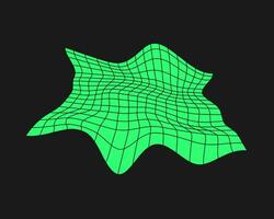 Distorted cyber grid. Cyberpunk geometry element y2k style. Isolated green mesh on black background. Vector fashion illustration.