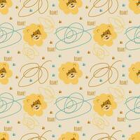 Vector seamless pattern with cartoon flat lion head. Wild or jungle animal life illustration.