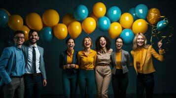 AI generated Smiling colleagues celebrating party in office with yellow and blue balloons. photo